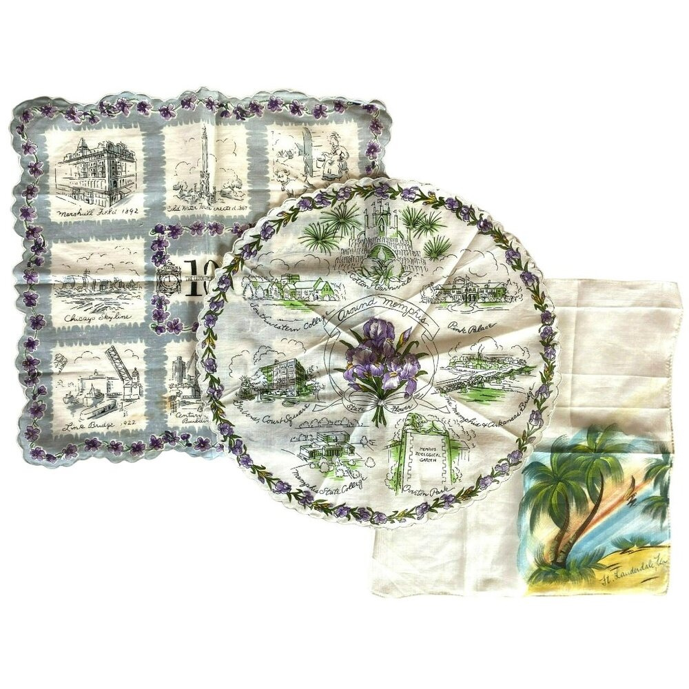 3 Vintage Handkerchiefs Mayfield Memphis Tennessee Florida Chicago MCM Souvenir